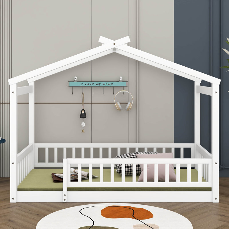 Twin Size Wooden House Bed With Fence, Wood Bed Frame With Roof And Safety Guardrail For Kids, Teens, Boys Or Girls, White