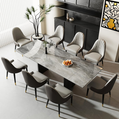 Sammie 9 - Piece 94.48'' Extendable Sintered Stone Dining Table with 8 Leather Chairs Dining Set