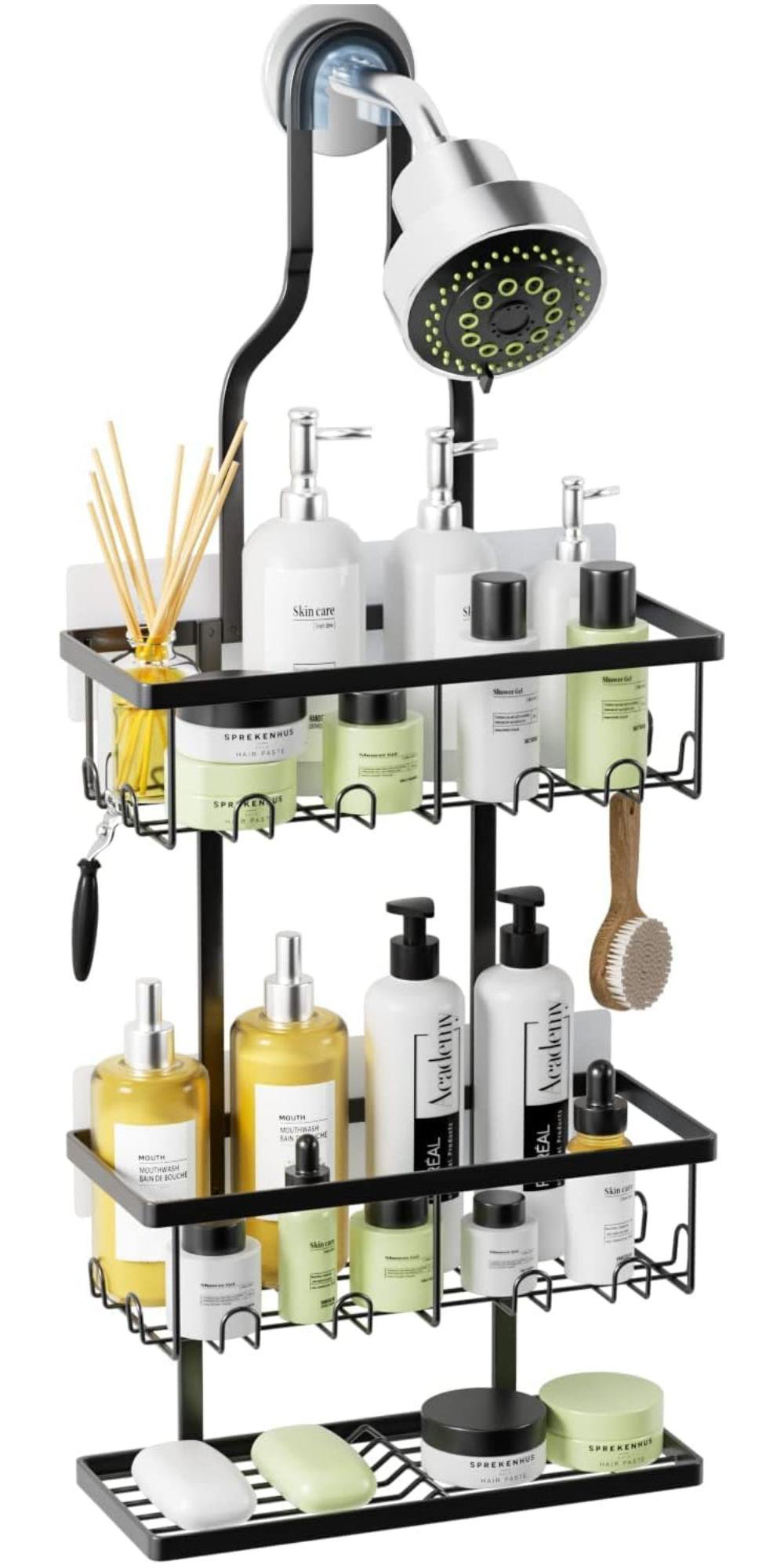 Rebrilliant Bathroom Shower Organizer Hanging, Black Shower Caddy Over Showerhead With Hooks And