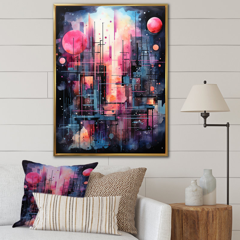 «Abstract Northern Pink Luminous Night 2 - Northern Lights», art mural, H 44 po x l 34 po x P 1,5 po, Cadre flottant doré