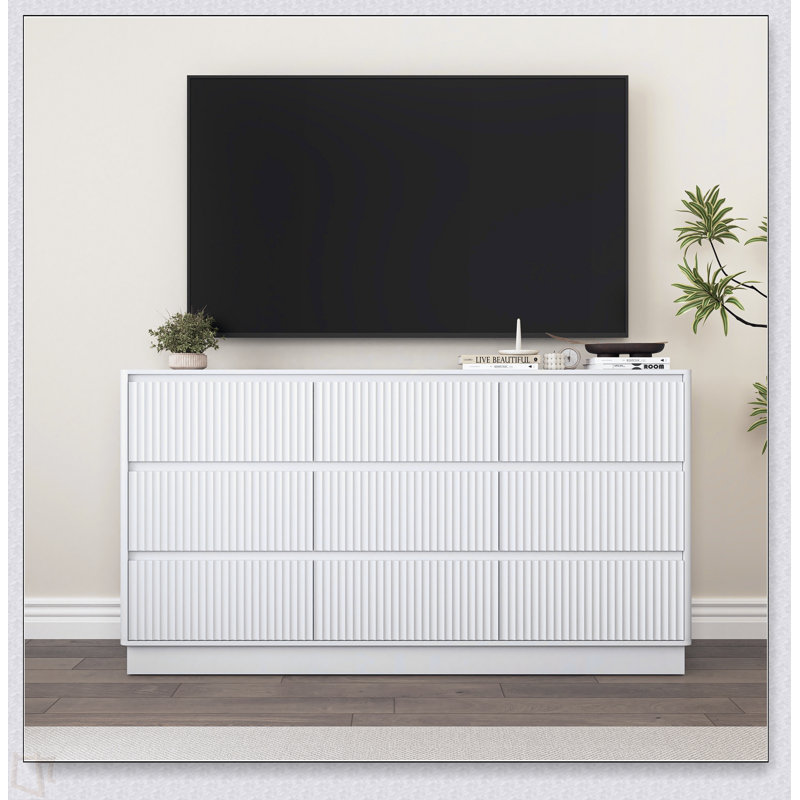 Commode 9 tiroirs pour chambre à coucher avec grands tiroirs, commode en bois, grande commode de plancher, long meuble télé moderne, table d'appoint de rangement Mid-Century