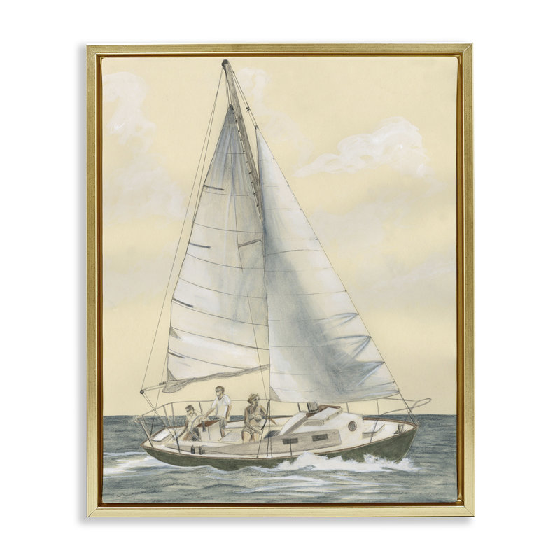 "Family Sailing Trip", art mural sur toile flottante par Michael Willett, Cadre flottant métallique doré, H 31 po x l 25 po