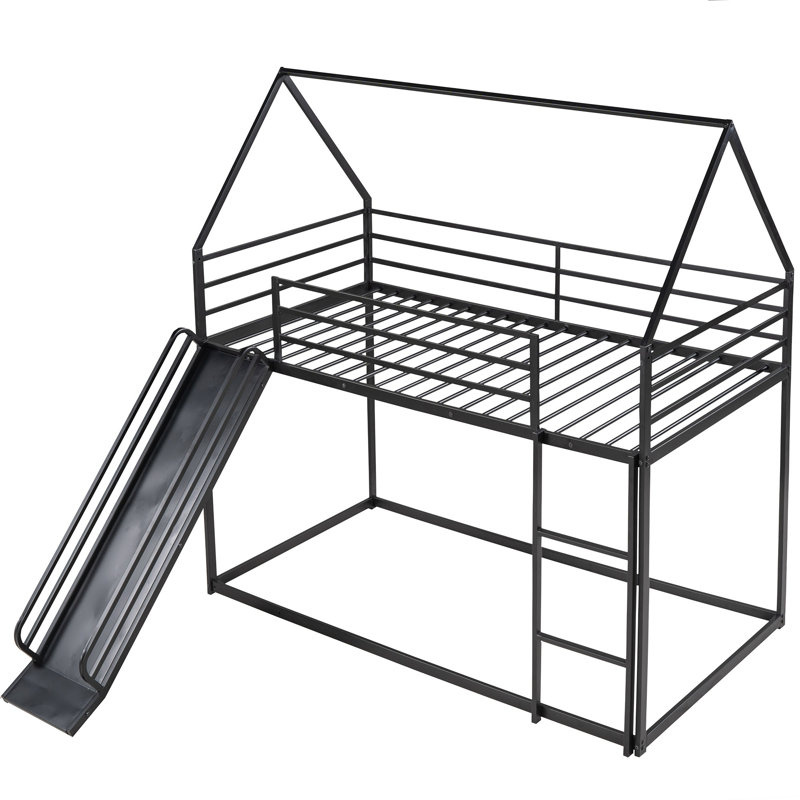 House Twin Bunk Bed with Slide & Ladder, Metal Twin over Twin Loft Bed for Kids, 71"H x 40.5"W x 76.5"L,Black, Black