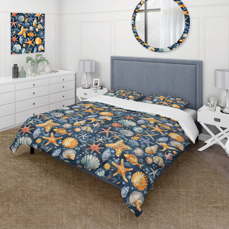Ensemble de housse de couette orange et bleu Coastal Seashells III - Coastal