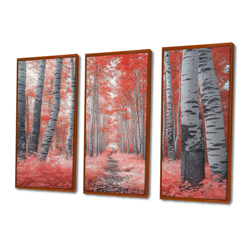 Ensemble de salon d'art mural forêt rouge Panorama I - forêt, Toile avec cadre flottant brun, H 32 po x l 48 po x P 1 po