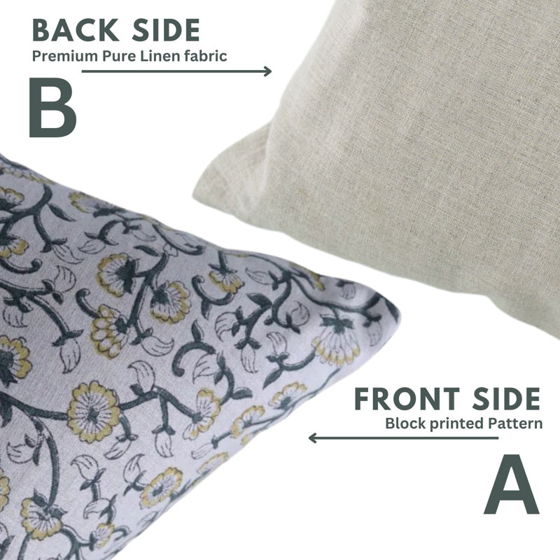 Block Print Throw Pillow Cover, 8 Thick Linen Decorative Cushion Cover, 14" x 14"