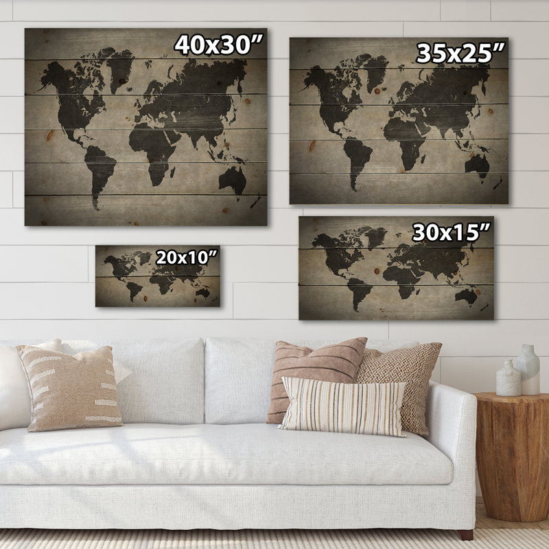 Ancienne carte du monde neuve - impression rétro sur bois de pin naturel, H 15 po x l 30 po x P 0,78 po