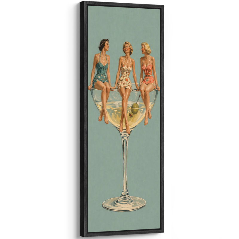 «Vintage Summer Cocktail With Women On Glass», œuvre d'art rétro moderne sur toile encadrée, 60" H x 20" W x 1.5" D, Black