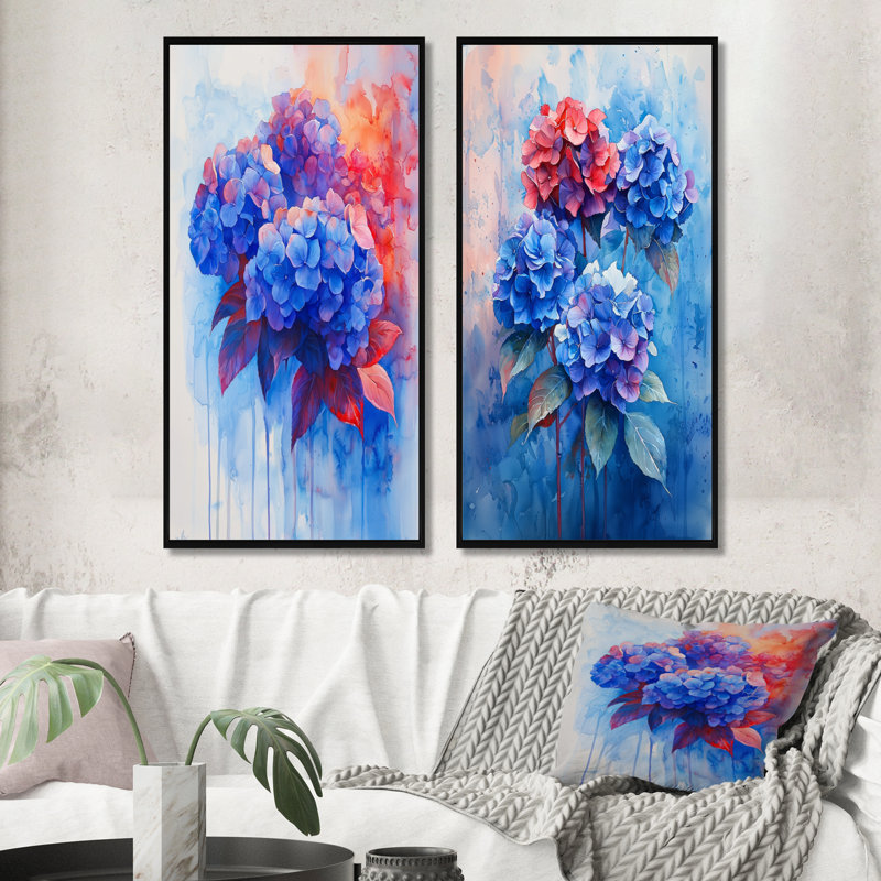 Hydrangées bleues et rouges dans un style d'hortensias de style graffiti I - impression sur toile florale 2 panneaux