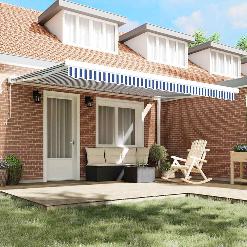 Ivy Bronx Fabric Cover Retractable Patio Awning, Blue;White Striped, 450cm H x 300cm W