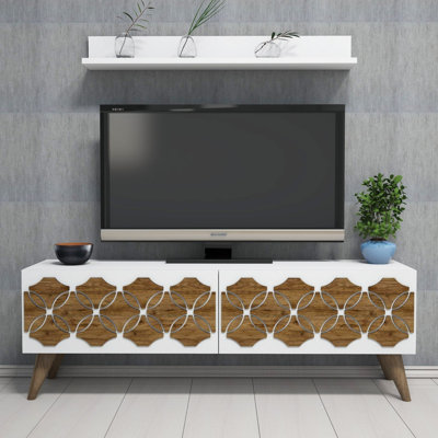Meuble télé moderne avec tablette murale, blanc, 47,2 po x 15,7 po x 12,5 po | 100% panneau de particules enduit de mélamine, épaisseur: 0,7 pouce | Nombreuses tablettes à fixation murale au design géométrique épuré pour des espaces de vie élégants