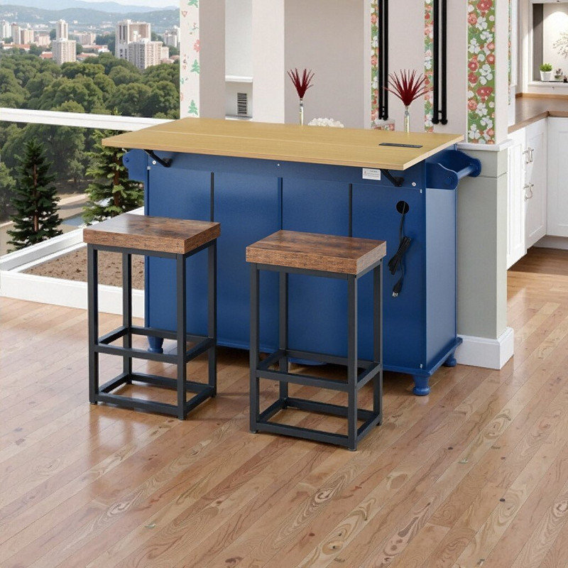 Kitchen Island With Drop Leaf, 2 Stools, Power Outlet, Storage Cabinet & Drawers, Rubber Wood Legs, Blue