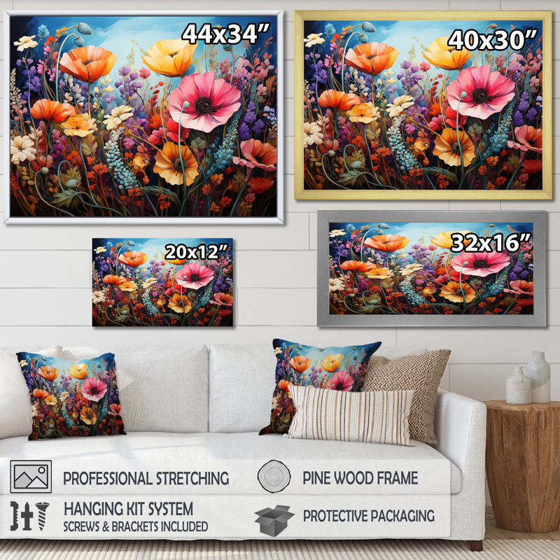 «Wildflowers Natures Bouquet Pointillism Dot I», reproduction sur toile, Cadre flottant blanc, H 16 po x l 32 po x P 1 po