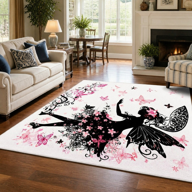 Tapis décoratif artistique et fantaisiste à motif de silhouette de fée avec fleurs et papillons (1 pièce), lavable et facile d'entretien, grande surface fine, envers antidérapant, idéal pour le salon, la chambre, la chambre d'enfant ou la salle de jeux. Usage intérieur.