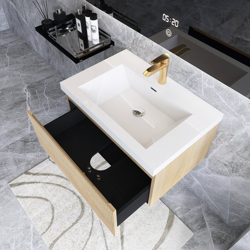 Meuble-lavabo mural moderne à rayures avec lavabo et tiroir à fermeture en douceur, 30"