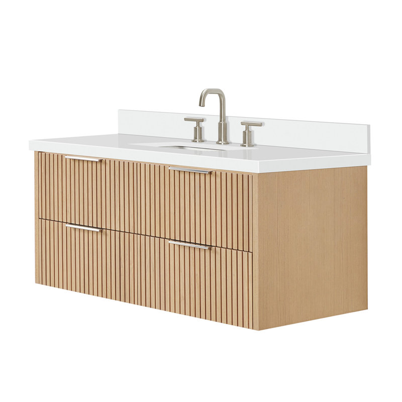Meuble-lavabo rectangulaire simple 49 po avec comptoir à quartz blanc pur 1,5 po Mulloy, Rectangulaire, Chêne naturel