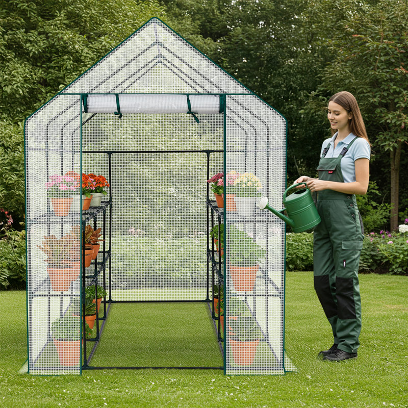 Metal-Framed PE-Covered Mini Walk-In Greenhouse With 8 Shelves, 56.3"