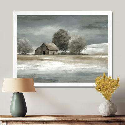 White Grey Farmhouse In Winter Countryside Landscape - Barn Farm Ranch Wall Art, White Farmhouse Canvas Print