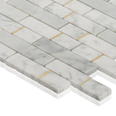 Gold Inlay White Carrara Interlocking Mosaic Tile Backsplash