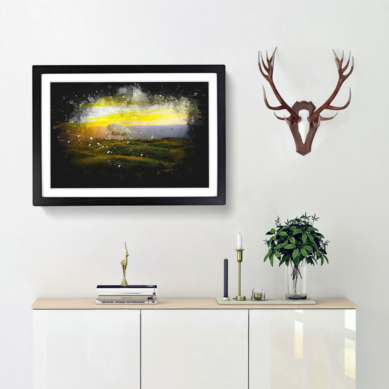 Grazing Sheep At Sunset Paint Splash - Picture Frame Graphic Art, Black Framed, 24cm H x 33cm W x 2cm D