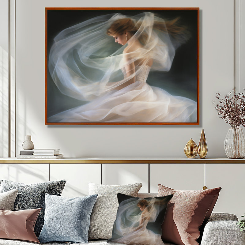 «Ephemeral Dancer In Silk Grace», danseur d'art mural, Toile avec cadre flottant brun, H 16 po x l 32 po x P 1 po