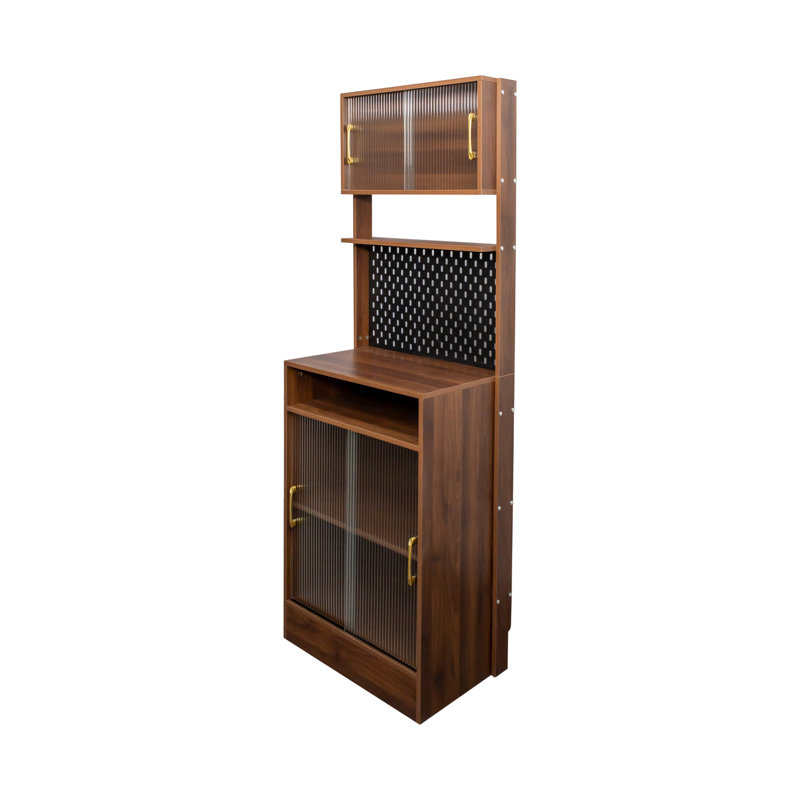 Buffet de cuisine avec 2 portes coulissantes en verre rayé, armoire de rangement autoportante pour bouteilles, vin, machine à café, four à micro-ondes, etc.