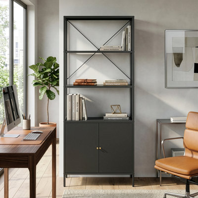 Benson 71.25-inch Black Two Door Metal Storage Cabinet with Open and Closed Shelving