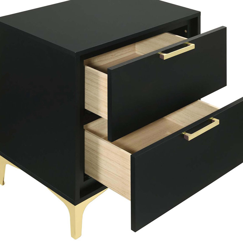 2-Drawer Rectangular Nightstand, Black/Gold