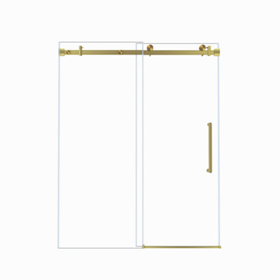 Porte de douche coulissante simple sans cadre, l 56-60 po x H 76 po, verre trempé transparent de 1/4 po (6 mm), film antidéflagrant, rail tubulaire à poignée carrée en acier inoxydable, or brossé