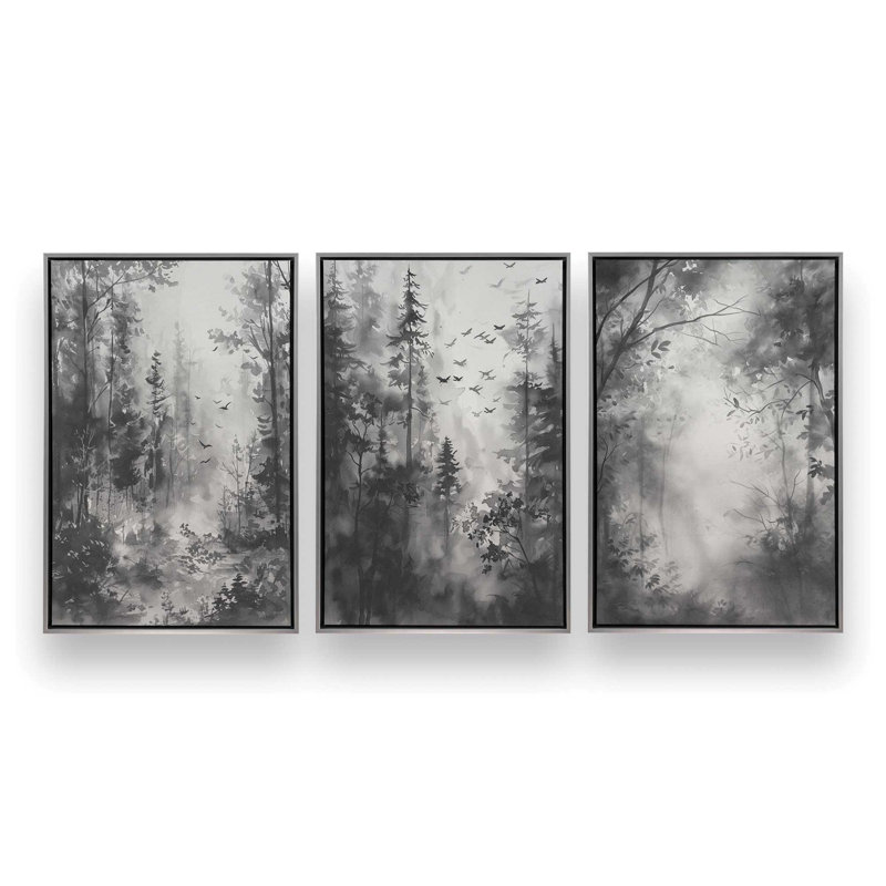 Ensemble de 3 impressions sur toile Forest Enclave, Cadre flottant en chrome poli, H 18,75 po x l 38,25 po x P 1,75 po
