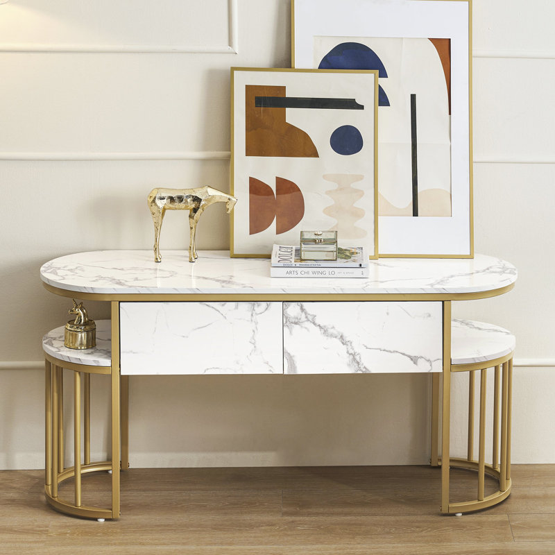 Canapé Malyk 51 po, console en faux marbre avec structure en métal doré et tiroirs de rangement