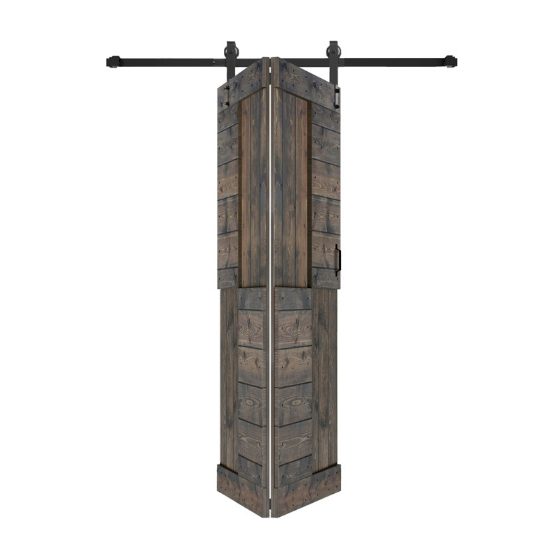 Porte à deux branches en bois massif en forme de S avec rail de quincaillerie - Assemblage requis, Gris fumé, 42 po x 84 po