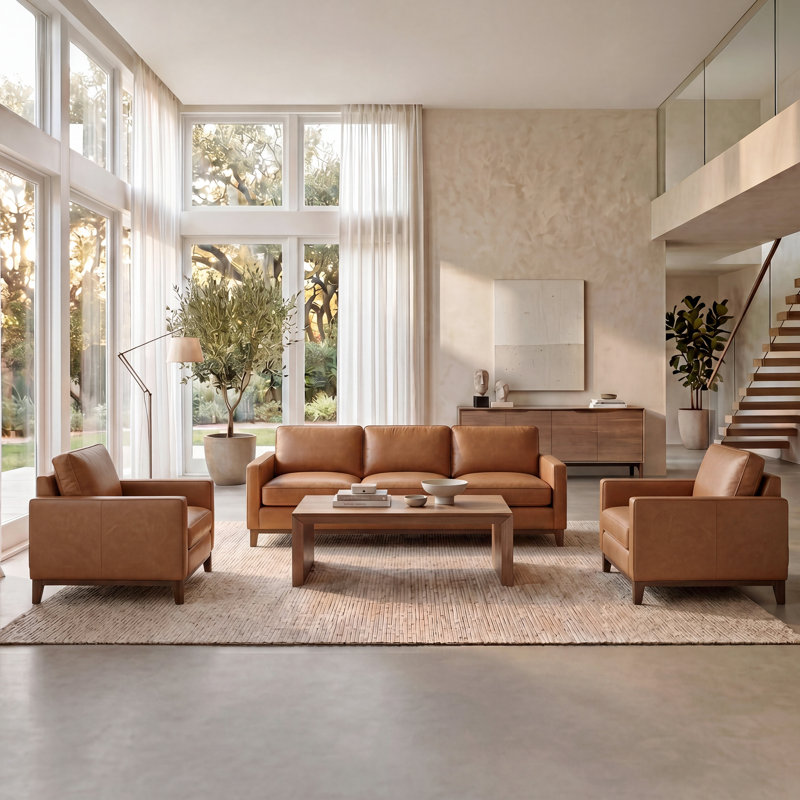 Ensemble de salon en cuir véritable de 85 po avec deux fauteuils Cascades