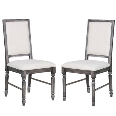 Of 2 Dining Chairs Upholstered In Cream And Weathered Gray Linen, With Rectangular Wood Trim , Standard Height Side Round Crossbars Welt Trim, 2" Foam Solid Back
