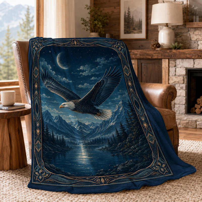Couverture en flanelle vintage à motif d'aigle au clair de lune et de lac de montagne nocturne, ornée d'un oiseau en vol et d'un paysage sauvage étoilé, idéale pour canapé ou lit, 101,6 x 127 cm (40 x 50 pouces).
