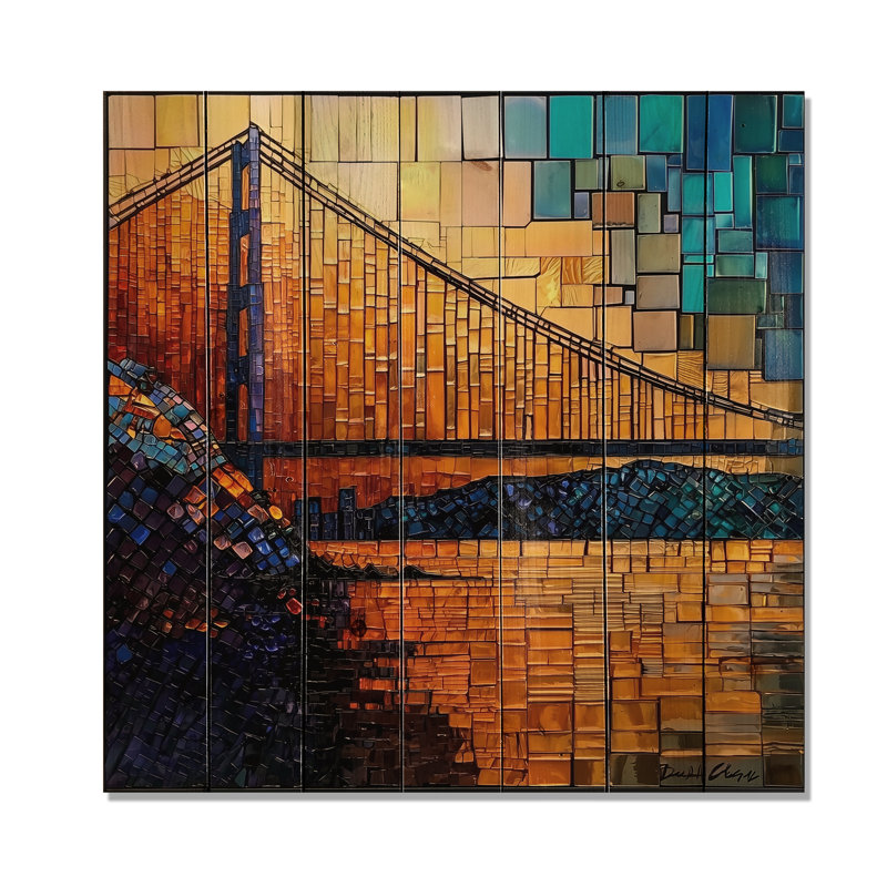 Golden Gate Bridge sur mosaïque Horizon II - San Francisco, art mural sur bois de pin naturel, H 30 po x l 30 po