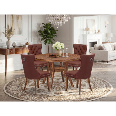 5-Pc Dining Set Contain a Wooden Dining Table and 4 Burgundy Polyester fabric Parson Dining Chairs with Button-Tufted Back, Antique Walnut
