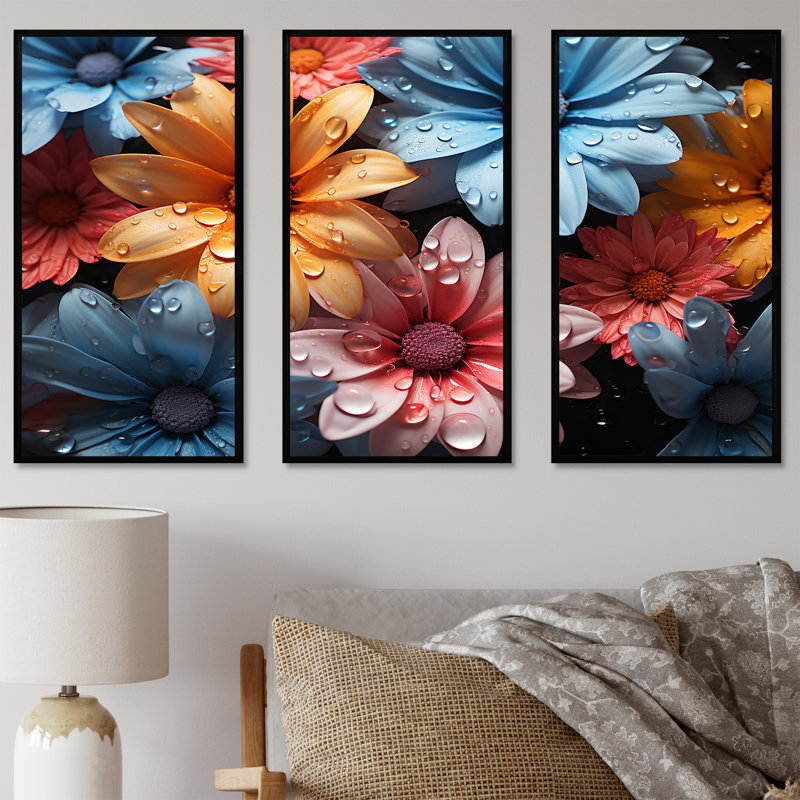 Ensemble de salon coloré avec marguerites colorées «Abstraction», Cadre flottant noir, H 40 po x l 60 po x P 1 po