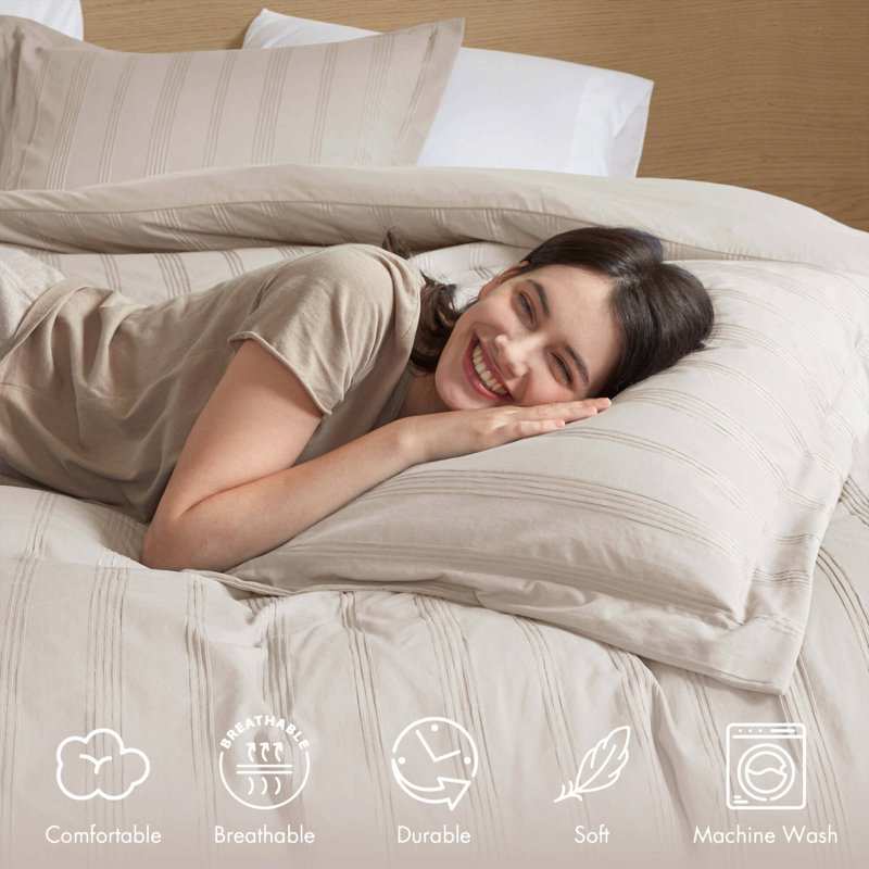Ensemble de housse de couette 3 pièces en microfibre tissée à rayures, beige/naturel, Queen