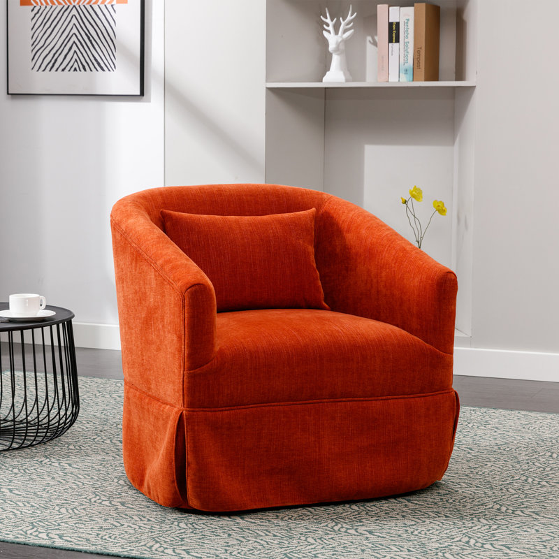 360-Degree Swivel Upholstered Armchair with Accent Pillow, Orange Linen Blend