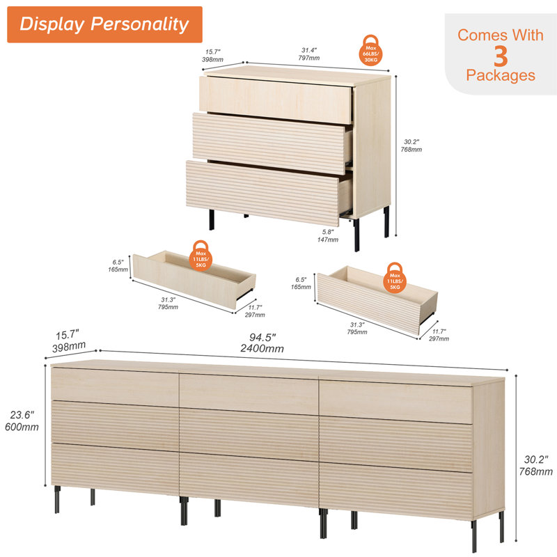 Union Rustic 94.5" Accent Chest Set With Drawers, Modern Credenza Storage Cabinet With Reeded Design For Living Room, Kitchen, Dining Room, Hallway