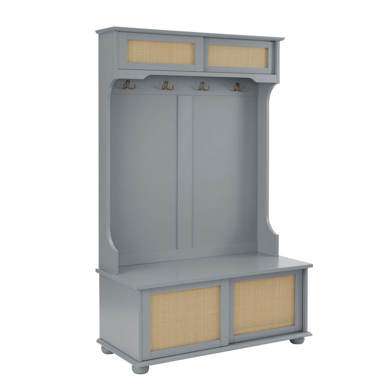 Gray MDF and Rattan Hall Tree with Storage Bench