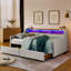 Lit simple tapissier avec lumières à DEL, chargement sans fil, 2 tiroirs de rangement, tête de lit en lin beige avec 3 rangements, réglable