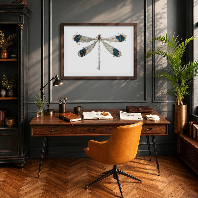 Blue Tipped Dragonfly by George Shaw - Framed Print, 48cm H x 65cm W x 2cm D, Walnut Framed