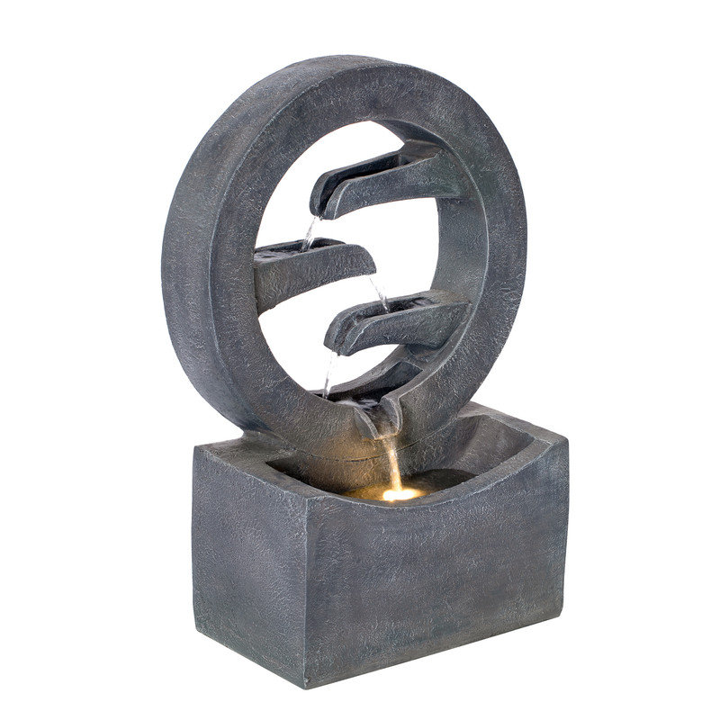 26.77"H Gray Circular Polyresin Outdoor Water Fountain with LED Light, Freestanding Modern Cascading Water Feature for Patio Garden Backyard Decor