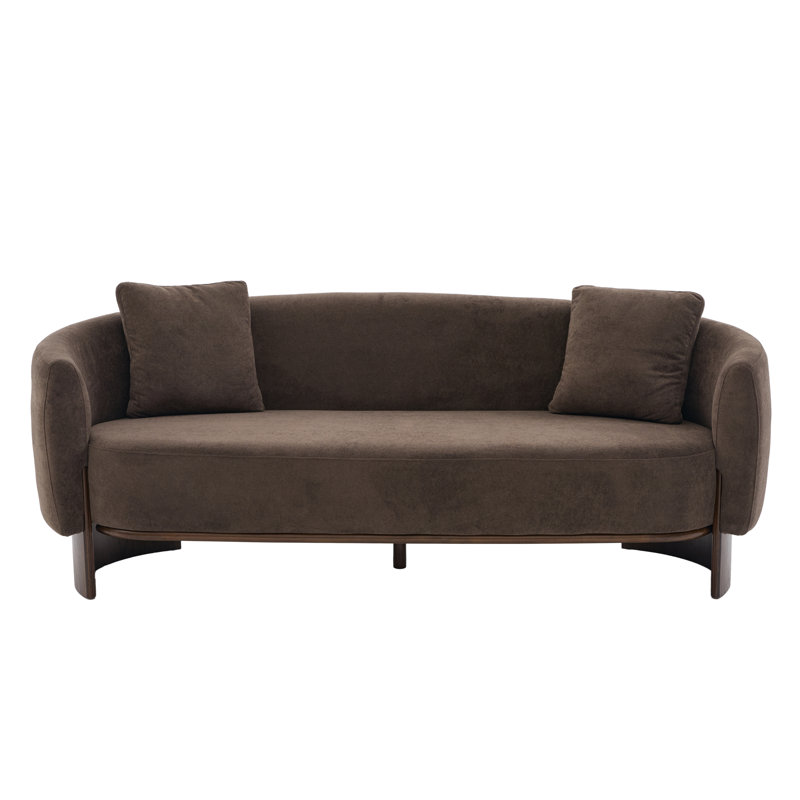 Calyra 3-Seater Modern Curved Boucle Upholstered Sofa with Wooden Base and Sculptural Silhouette, Dark Brown Velvet