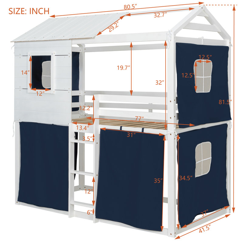 House Style Bunk Bed, White/Blue, Twin Over Twin