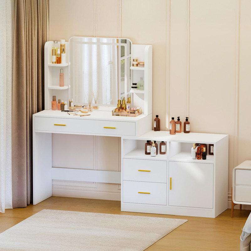Meuble-lavabo blanc 62 po avec miroir à DEL 22 po et prise de courant, 4 tiroirs avec 3 modes d'éclairage pour la chambre à coucher