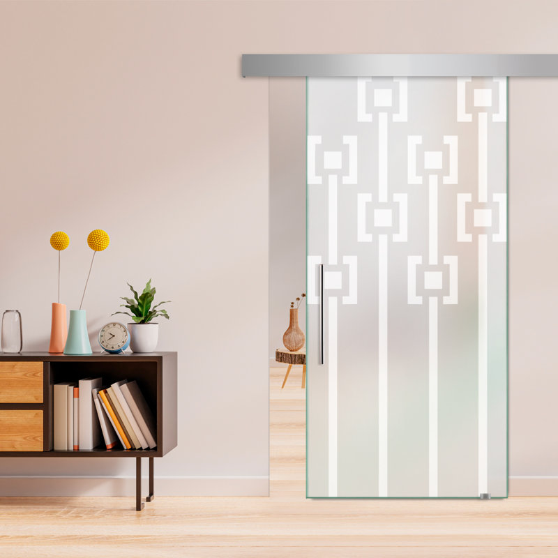 Porte de grange coulissante en verre sans cadre avec design moderne givré + ensemble de quincaillerie (double-privé)