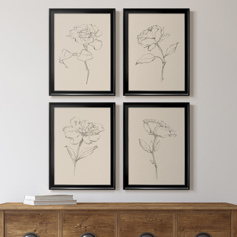 Floral Contour Study I - Ensemble de 4 reproductions d'art sur toile, H 42,5 po x l 122 po x P 1 po, Cadre noir